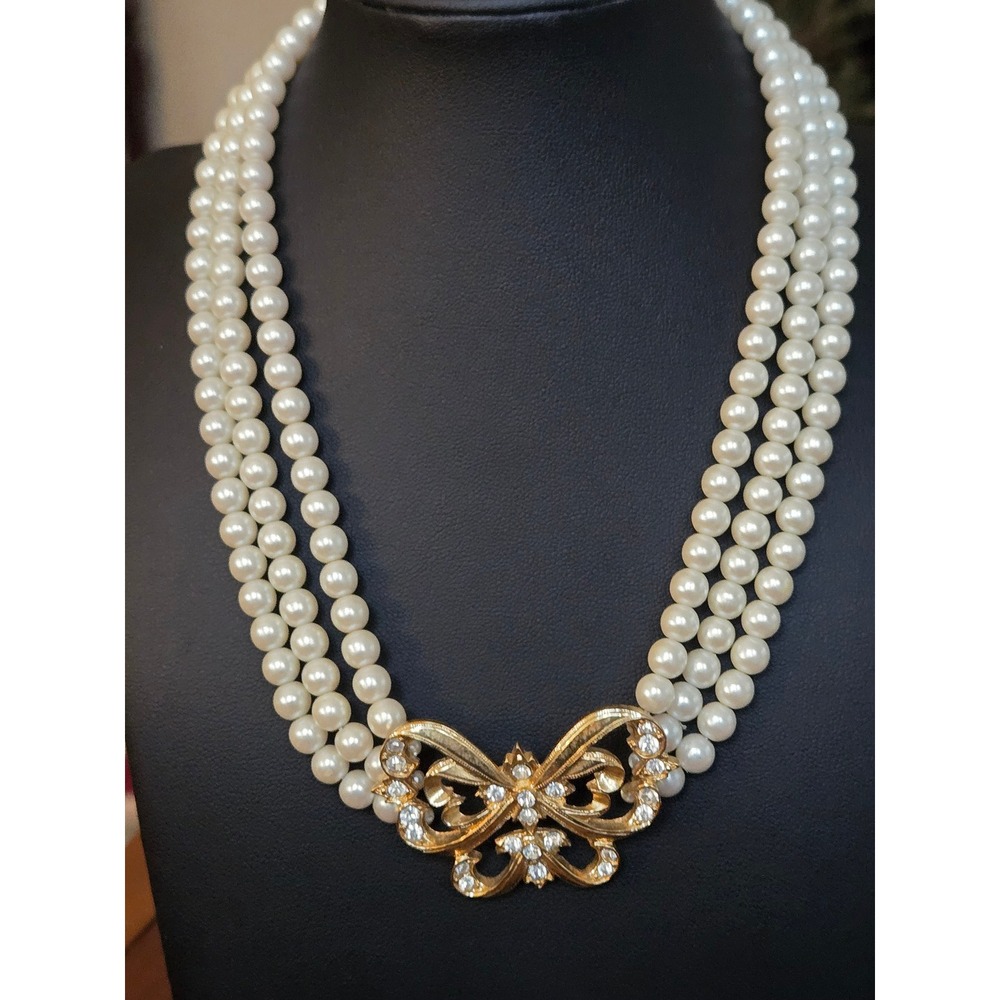 Avon Butterfly Necklace Three Strand Faux Pearl Necklace 14-17" Signed Vintage
